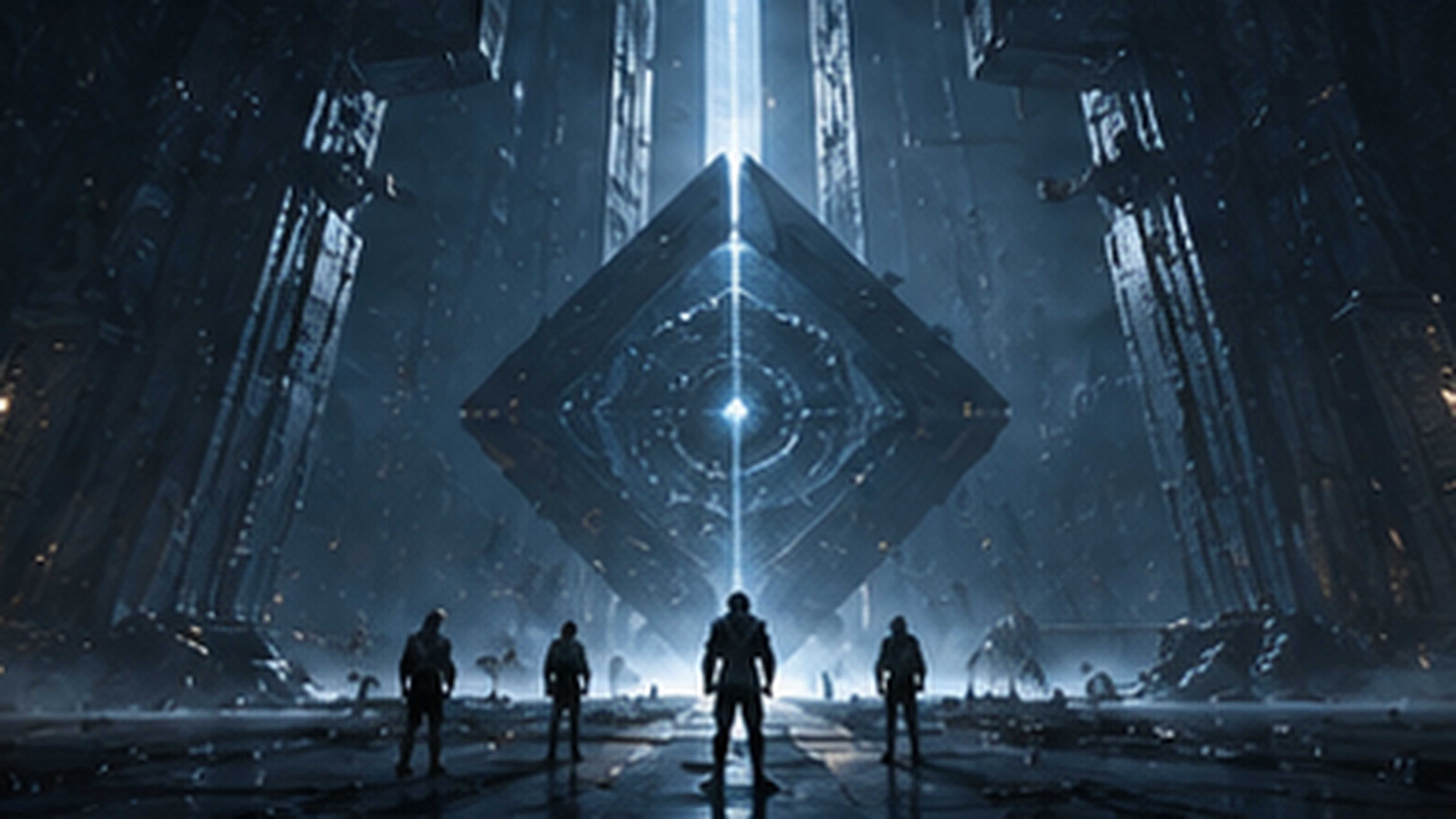 The Archive awakens — figures before a monumental activating structure